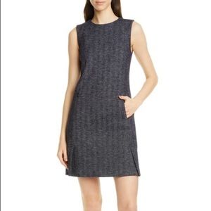 theory vent front shift dress in navy houndstooth wool